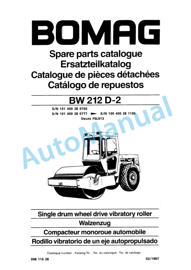 Bomag BW 212 D-2 Single Drum Wheel Drive Vibratory Roller Spare Parts Catalogue 00811628