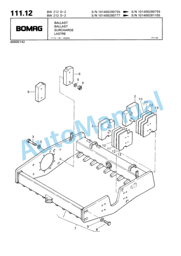 Bomag BW 212 D-2 Single Drum Wheel Drive Vibratory Roller Spare Parts Catalogue 00811628-4