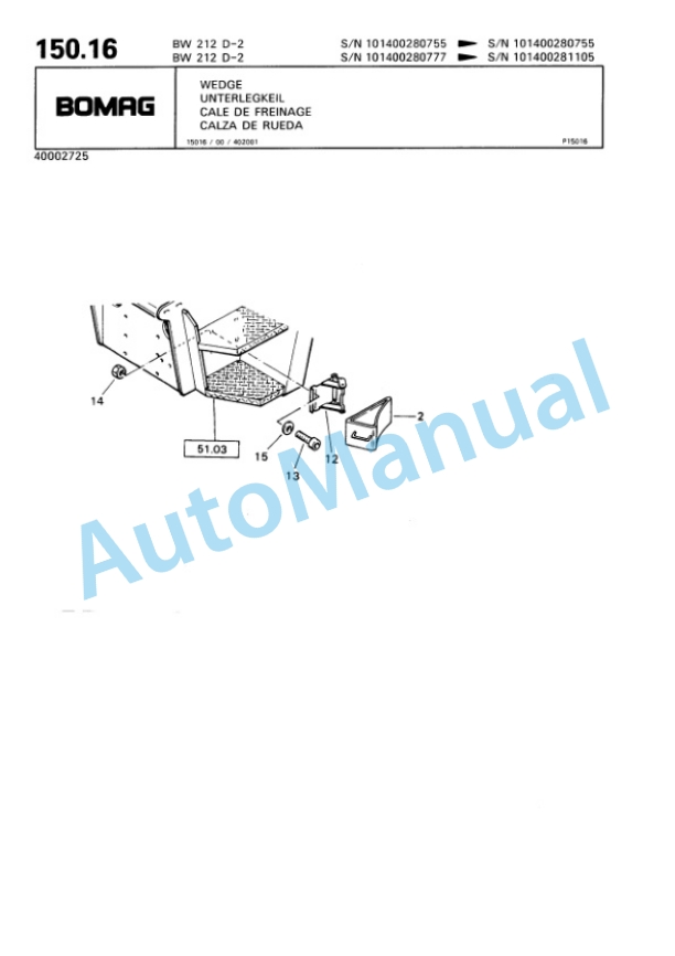 Bomag BW 212 D-2 Single Drum Wheel Drive Vibratory Roller Spare Parts Catalogue 00811628-5