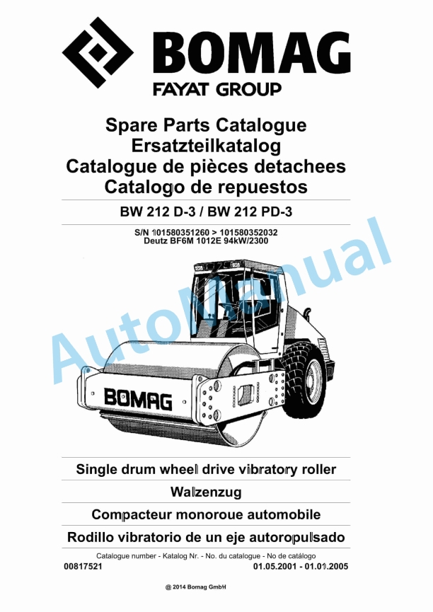 Bomag BW 212 D-3, BW 212 PD-3 Single Drum Wheel Drive Vibratory Roller Spare Parts Catalogue 00817521
