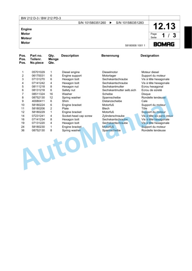 Bomag BW 212 D-3, BW 212 PD-3 Single Drum Wheel Drive Vibratory Roller Spare Parts Catalogue 00817521-2