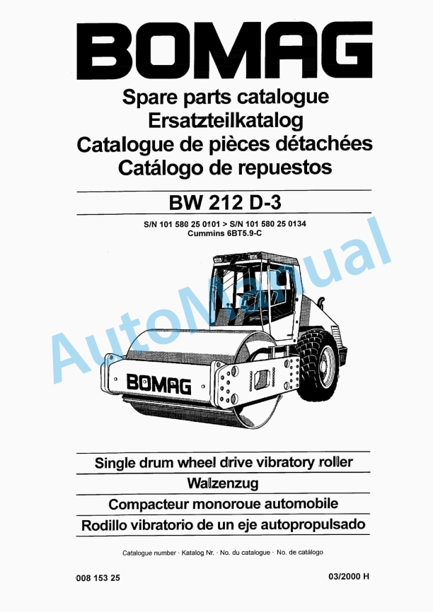 Bomag BW 212 D-3 Single Drum Wheel Drive Vibratory Roller Spare Parts Catalogue 00815325