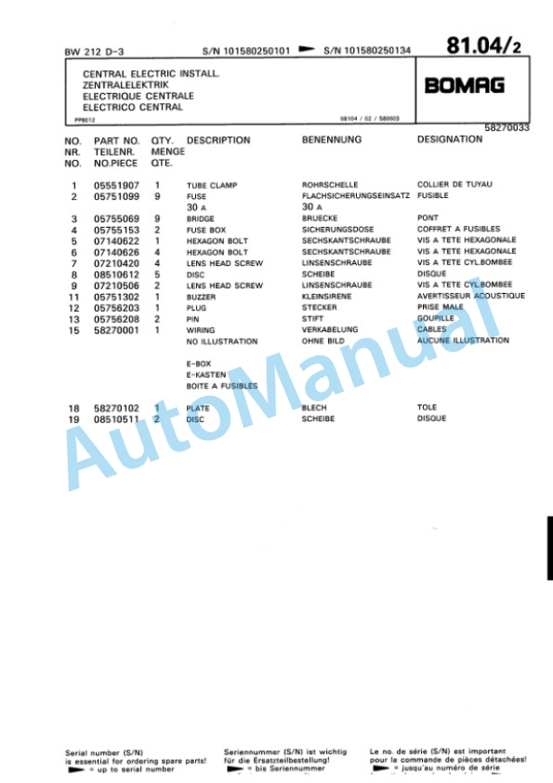 Bomag BW 212 D-3 Single Drum Wheel Drive Vibratory Roller Spare Parts Catalogue 00815325-2