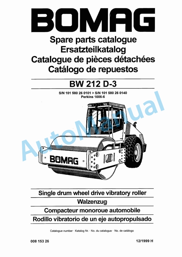 Bomag BW 212 D-3 Single Drum Wheel Drive Vibratory Roller Spare Parts Catalogue 00815326