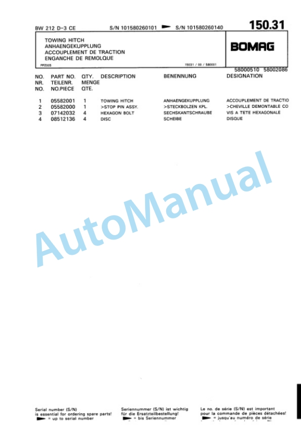 Bomag BW 212 D-3 Single Drum Wheel Drive Vibratory Roller Spare Parts Catalogue 00815326-3
