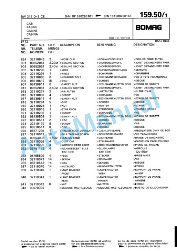 Bomag BW 212 D-3 Single Drum Wheel Drive Vibratory Roller Spare Parts Catalogue 00815326-4