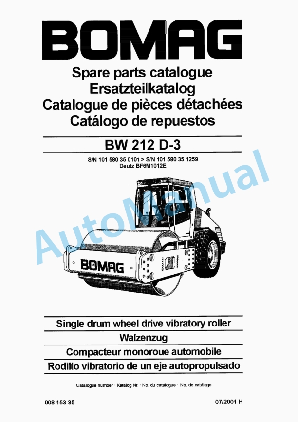 Bomag BW 212 D-3 Single Drum Wheel Drive Vibratory Roller Spare Parts Catalogue 00815335