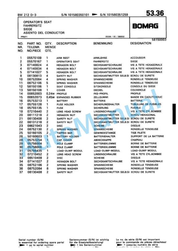 Bomag BW 212 D-3 Single Drum Wheel Drive Vibratory Roller Spare Parts Catalogue 00815335-2