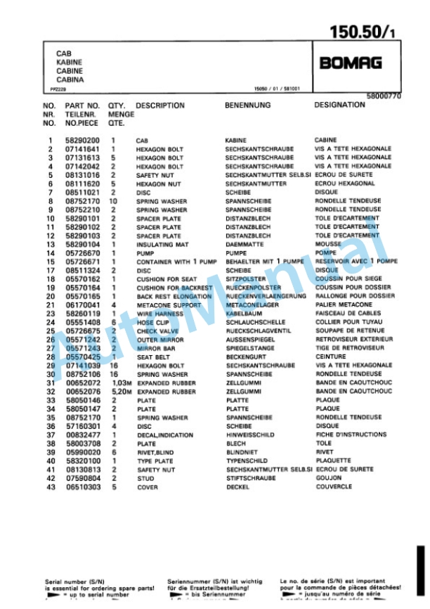 Bomag BW 212 D-3 Single Drum Wheel Drive Vibratory Roller Spare Parts Catalogue 00815335-4
