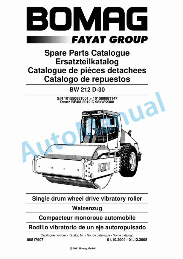 Bomag BW 212 D-30 Single Drum Wheel Drive Vibratory Roller Spare Parts Catalogue 00817907