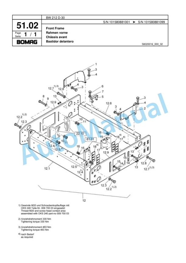 Bomag BW 212 D-30 Single Drum Wheel Drive Vibratory Roller Spare Parts Catalogue 00817907-2
