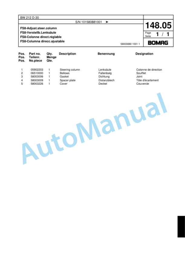 Bomag BW 212 D-30 Single Drum Wheel Drive Vibratory Roller Spare Parts Catalogue 00817907-4