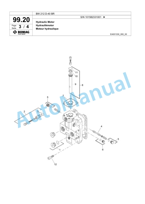 Bomag BW 212 D-40 BR Single Drum Wheel Drive Vibratory Roller Spare Parts Catalogue 00824413-4