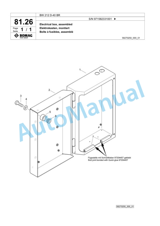 Bomag BW 212 D-40 BR Single Drum Wheel Drive Vibratory Roller Spare Parts Catalogue 00824785-2