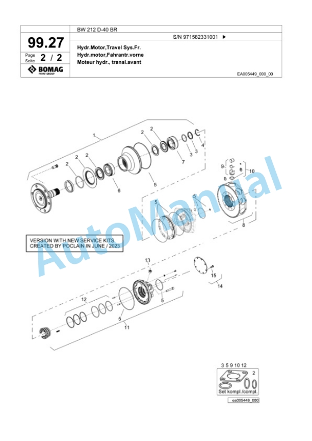 Bomag BW 212 D-40 BR Single Drum Wheel Drive Vibratory Roller Spare Parts Catalogue 00824785-3