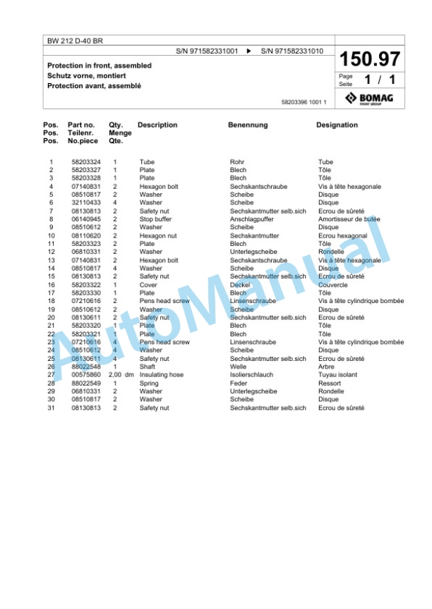 Bomag BW 212 D-40 BR Single Drum Wheel Drive Vibratory Roller Spare Parts Catalogue 00824785-5