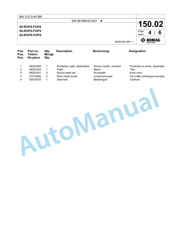 Bomag BW 212 D-40 BR Single Drum Wheel Drive Vibratory Roller Spare Parts Catalogue 00826607-4