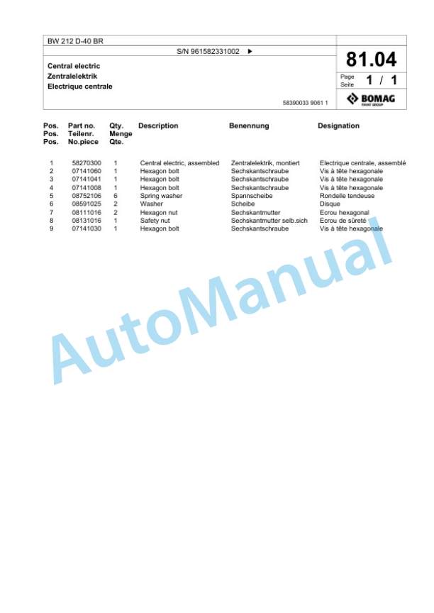 Bomag BW 212 D-40 BR Single Drum Wheel Drive Vibratory Roller Spare Parts Catalogue 00826899-2