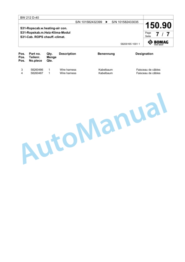 Bomag BW 212 D-40 Single Drum Wheel Drive Vibratory Roller Spare Parts Catalogue 00817943-3