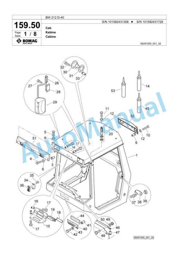 Bomag BW 212 D-40 Single Drum Wheel Drive Vibratory Roller Spare Parts Catalogue 00817943-4