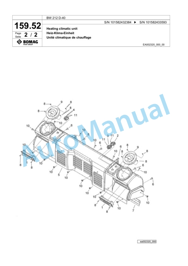 Bomag BW 212 D-40 Single Drum Wheel Drive Vibratory Roller Spare Parts Catalogue 00817943-5
