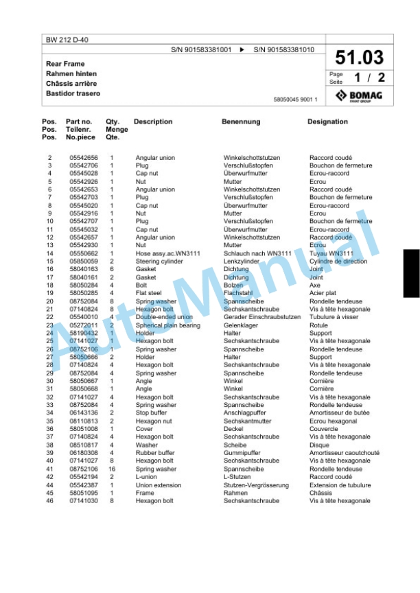 Bomag BW 212 D-40 Single Drum Wheel Drive Vibratory Roller Spare Parts Catalogue 00818587-3