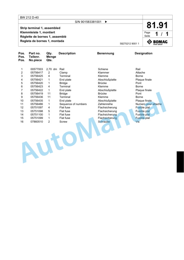 Bomag BW 212 D-40 Single Drum Wheel Drive Vibratory Roller Spare Parts Catalogue 00818587-5