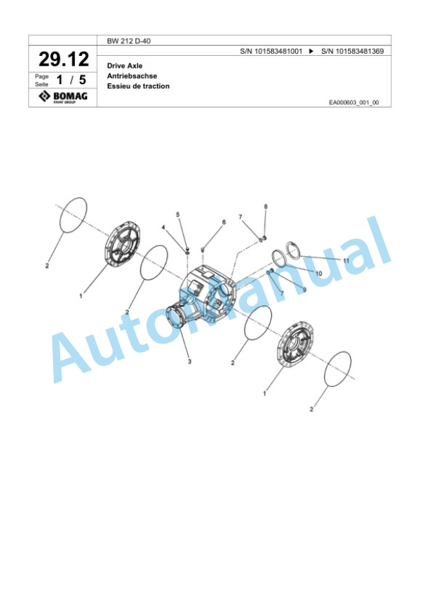 Bomag BW 212 D-40 Single Drum Wheel Drive Vibratory Roller Spare Parts Catalogue 00818823-2