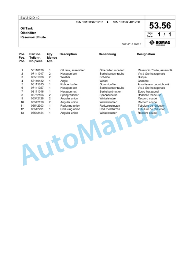 Bomag BW 212 D-40 Single Drum Wheel Drive Vibratory Roller Spare Parts Catalogue 00818823-3