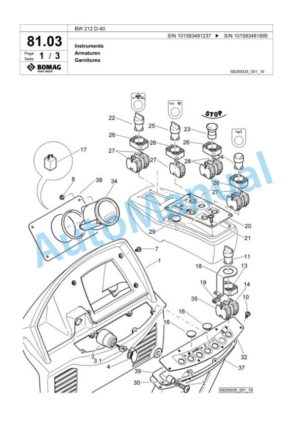 Bomag BW 212 D-40 Single Drum Wheel Drive Vibratory Roller Spare Parts Catalogue 00818823-4