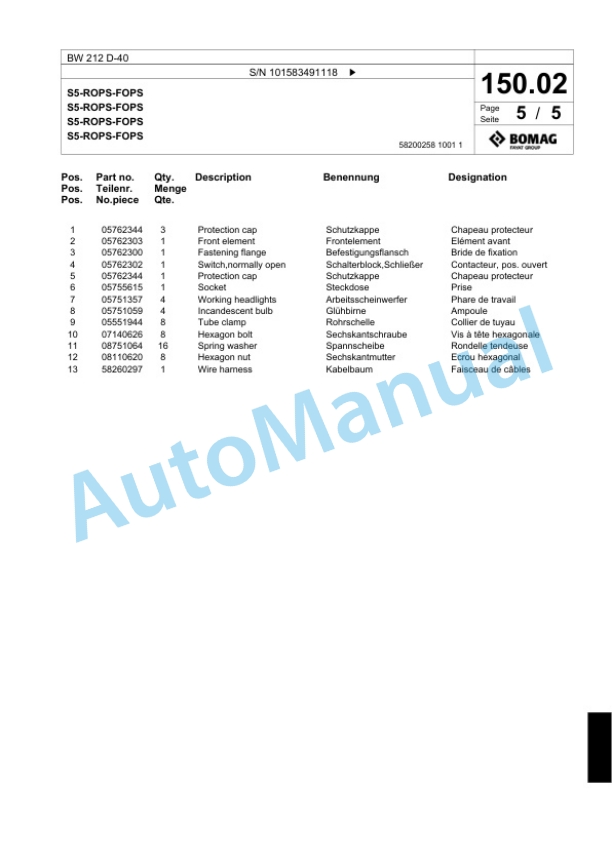 Bomag BW 212 D-40 Single Drum Wheel Drive Vibratory Roller Spare Parts Catalogue 00818881-3