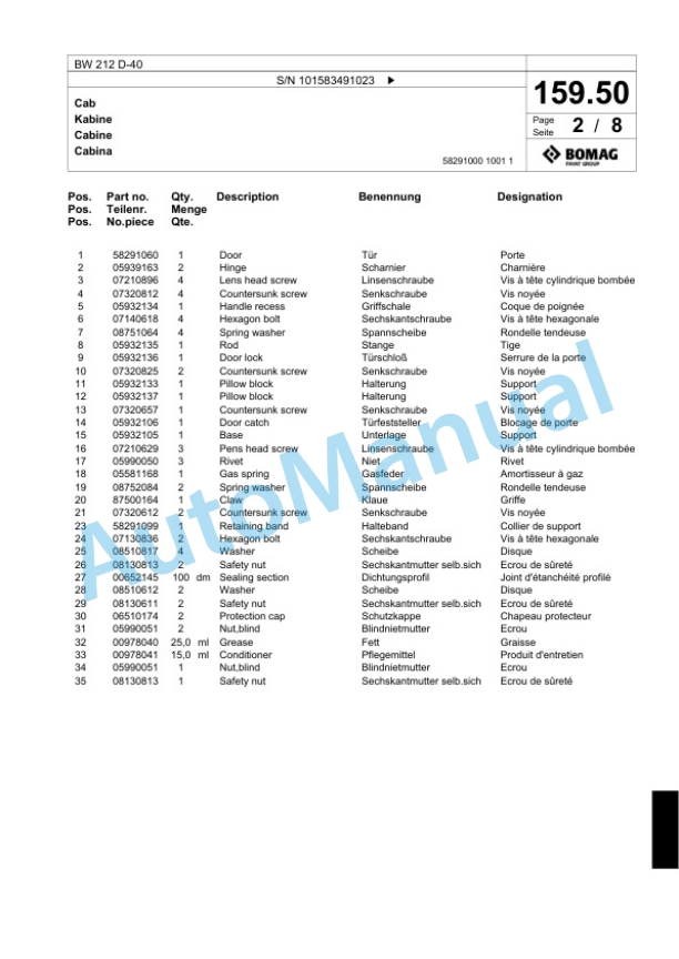 Bomag BW 212 D-40 Single Drum Wheel Drive Vibratory Roller Spare Parts Catalogue 00818881-4