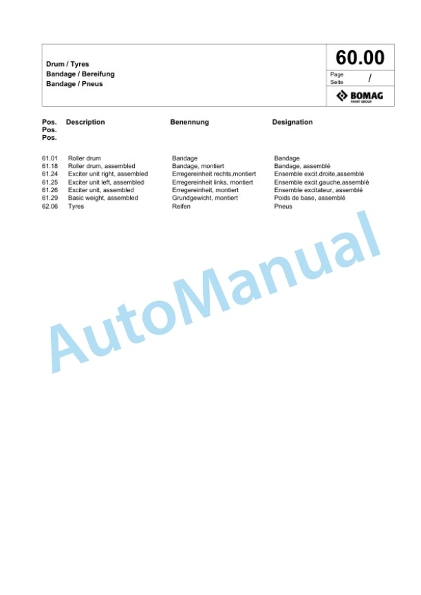 Bomag BW 212 D-40 Single Drum Wheel Drive Vibratory Roller Spare Parts Catalogue 00824279-2