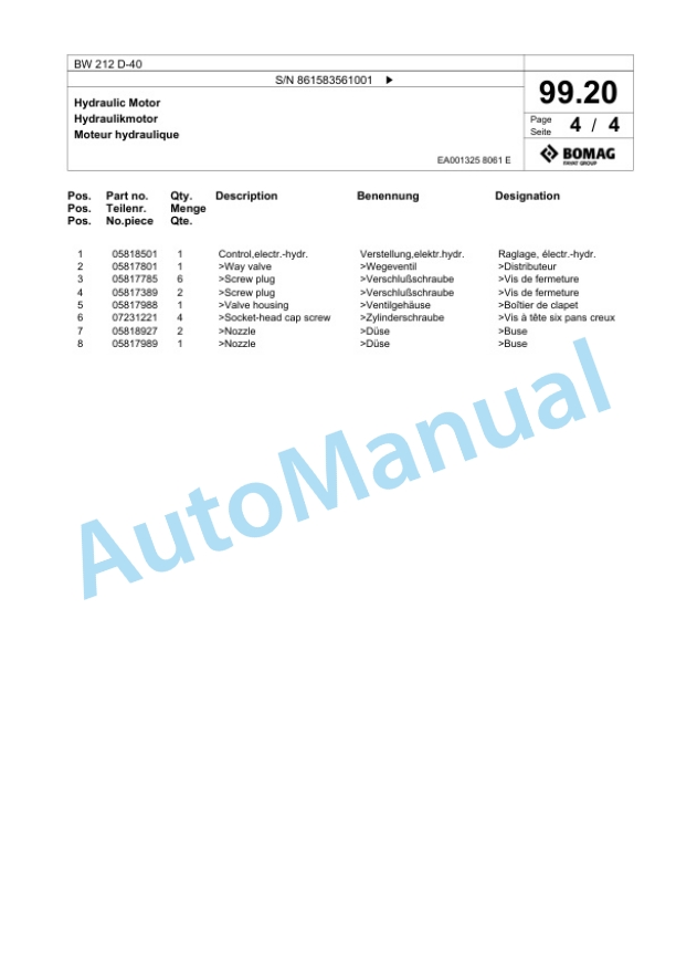 Bomag BW 212 D-40 Single Drum Wheel Drive Vibratory Roller Spare Parts Catalogue 00824279-3