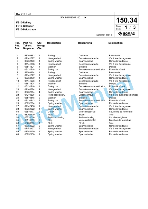 Bomag BW 212 D-40 Single Drum Wheel Drive Vibratory Roller Spare Parts Catalogue 00825255-3