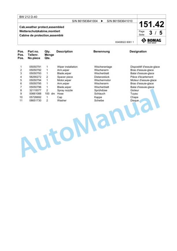 Bomag BW 212 D-40 Single Drum Wheel Drive Vibratory Roller Spare Parts Catalogue 00825255-4