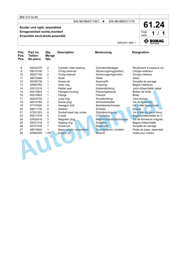 Bomag BW 212 D-40 Single Drum Wheel Drive Vibratory Roller Spare Parts Catalogue 00825957-2