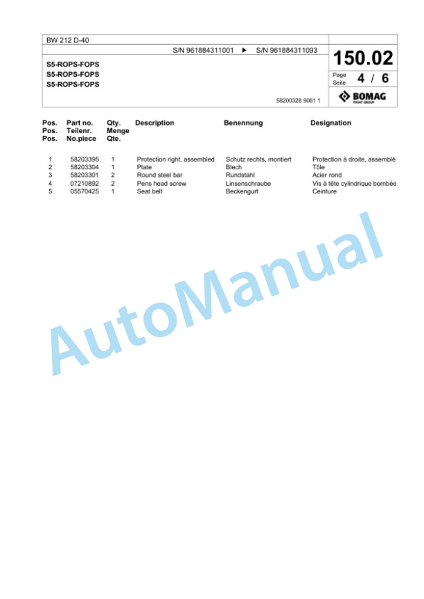 Bomag BW 212 D-40 Single Drum Wheel Drive Vibratory Roller Spare Parts Catalogue 00825957-3