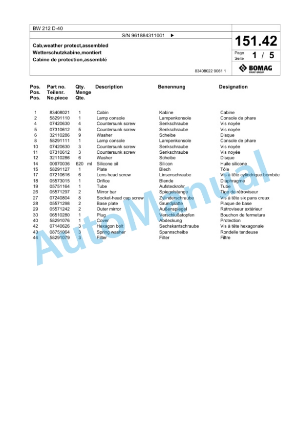 Bomag BW 212 D-40 Single Drum Wheel Drive Vibratory Roller Spare Parts Catalogue 00825957-4