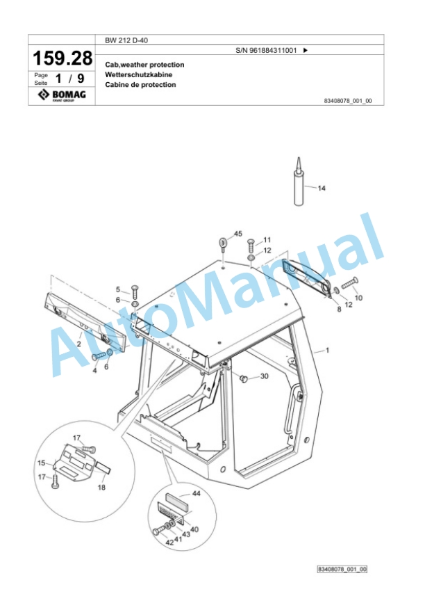 Bomag BW 212 D-40 Single Drum Wheel Drive Vibratory Roller Spare Parts Catalogue 00825957-5