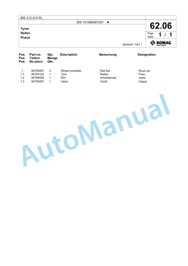 Bomag BW 212 D-5 PL Single Drum Wheel Drive Vibratory Roller Spare Parts Catalogue 00827257-2