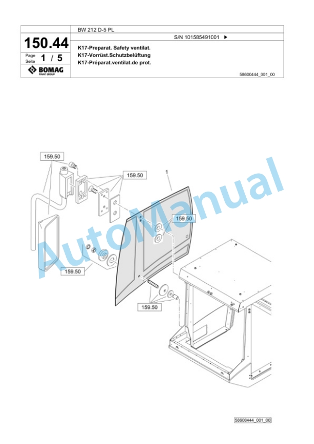 Bomag BW 212 D-5 PL Single Drum Wheel Drive Vibratory Roller Spare Parts Catalogue 00827257-3