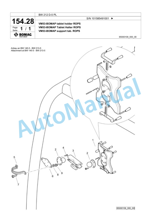 Bomag BW 212 D-5 PL Single Drum Wheel Drive Vibratory Roller Spare Parts Catalogue 00827257-4