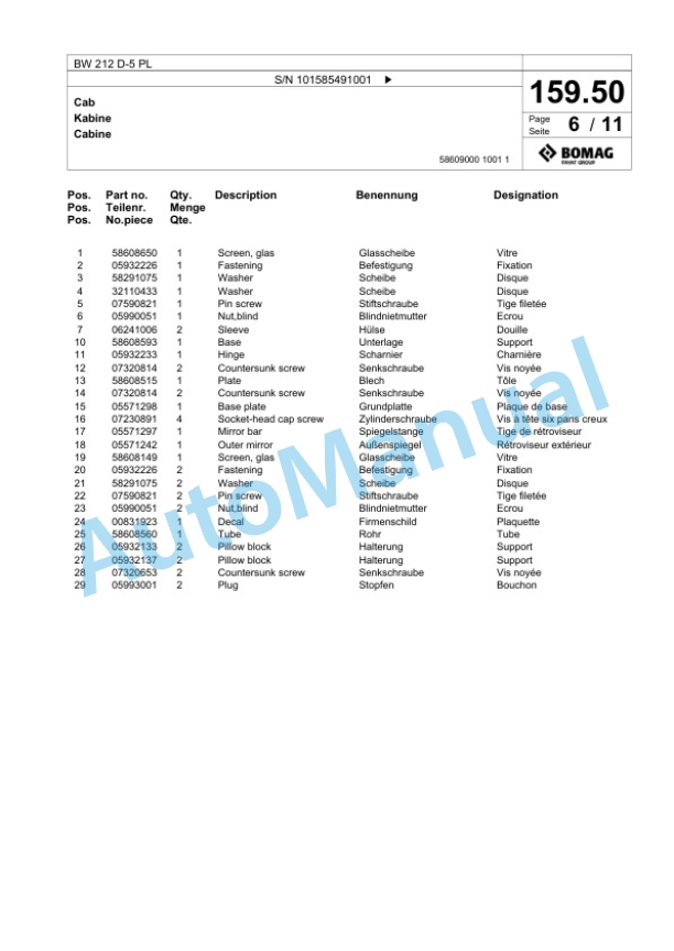 Bomag BW 212 D-5 PL Single Drum Wheel Drive Vibratory Roller Spare Parts Catalogue 00827257-5