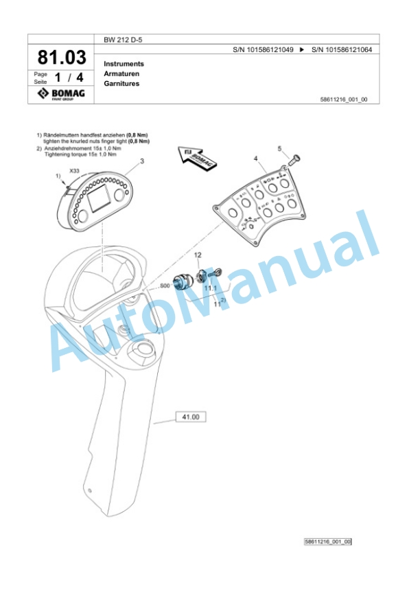 Bomag BW 212 D-5 Single Drum Wheel Drive Vibratory Roller Spare Parts Catalogue 00824811-2