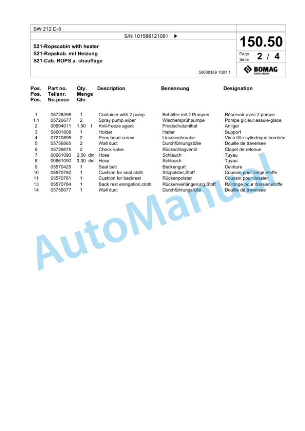 Bomag BW 212 D-5 Single Drum Wheel Drive Vibratory Roller Spare Parts Catalogue 00824811-4