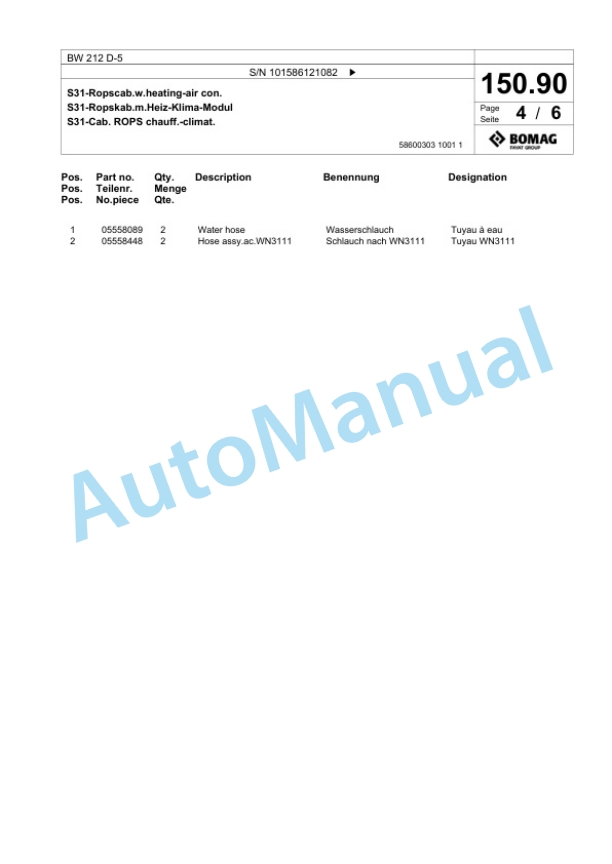 Bomag BW 212 D-5 Single Drum Wheel Drive Vibratory Roller Spare Parts Catalogue 00824811-5