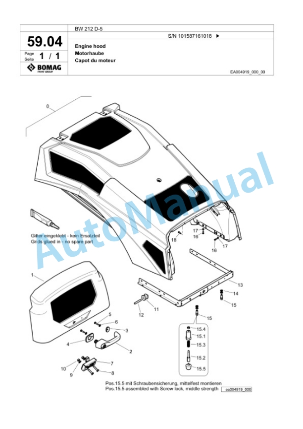Bomag BW 212 D-5 Single Drum Wheel Drive Vibratory Roller Spare Parts Catalogue 00826065-2