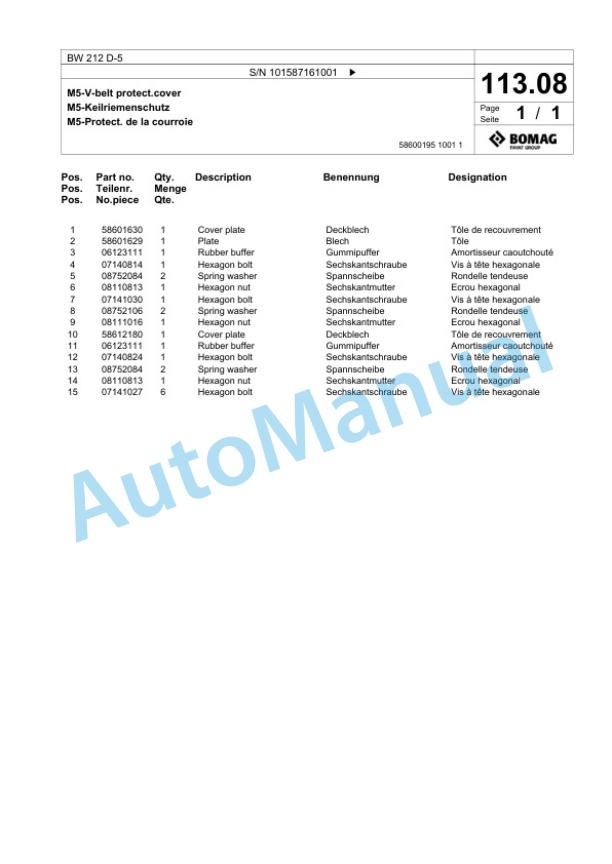 Bomag BW 212 D-5 Single Drum Wheel Drive Vibratory Roller Spare Parts Catalogue 00826065-3