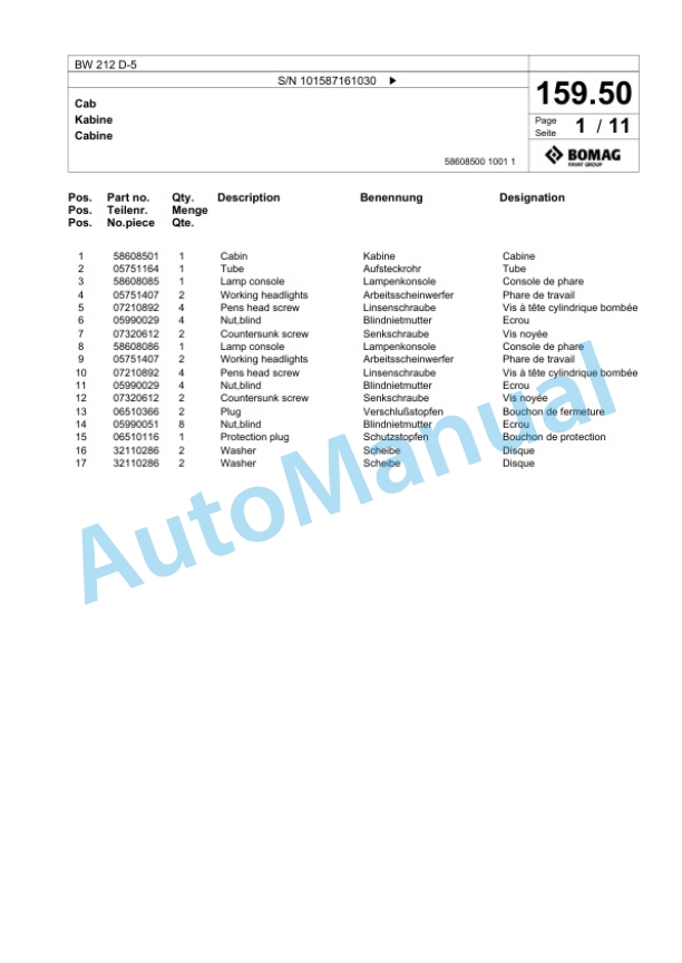 Bomag BW 212 D-5 Single Drum Wheel Drive Vibratory Roller Spare Parts Catalogue 00826065-5